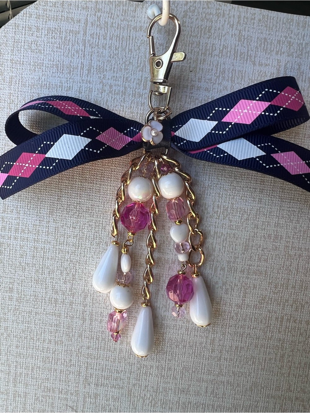 Pink & White Beaded Tassel Purse charm Keychain with Navy Argyle Bow